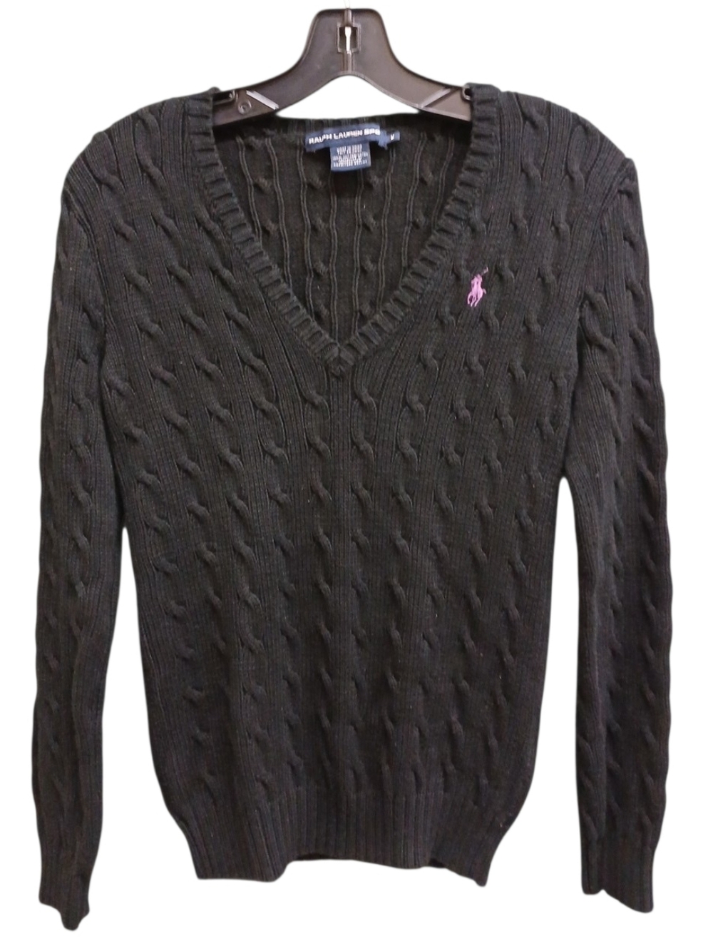 Ralph Lauren Black Cable-Knit V-Neck Sweater with Pink Polo Logo Size Medium